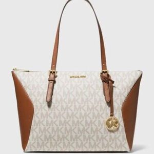 New Michael Kors Coraline Large Logo and Leather Tote Vanilla